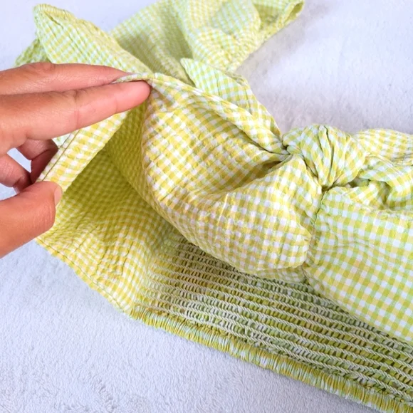 💕 Zara NEW Lime Yellow Gingham Plaid Crop Bubble Sleeves Checkered Knot Zipper - Picture 6 of 15
